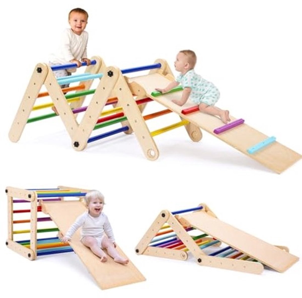 Motoriek Driehoek - Multifunctioneel Klimframe voor Binnen met 20 Klimstangen en Dubbelzijdige Glijbaan voor Kinderen vanaf 1 Jaar