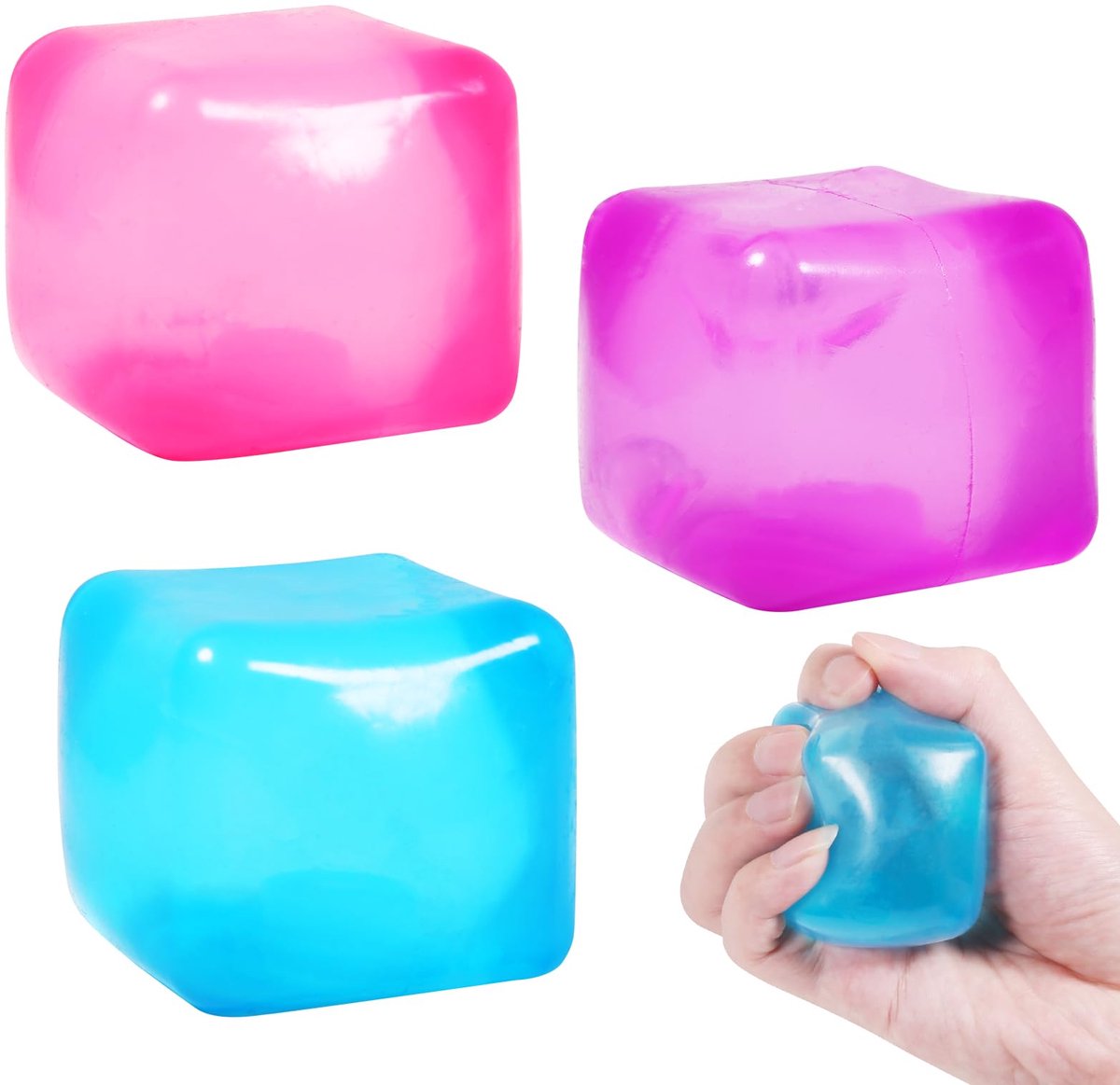 VONKELIOS®Set van 3 zachte rubberen knijpballen, geschikt voor volwassenen en kinderen, helpt je ontspannen - ijsblokjesvorm - vierkante vulling, roze, paars, blauw (3 stuks)