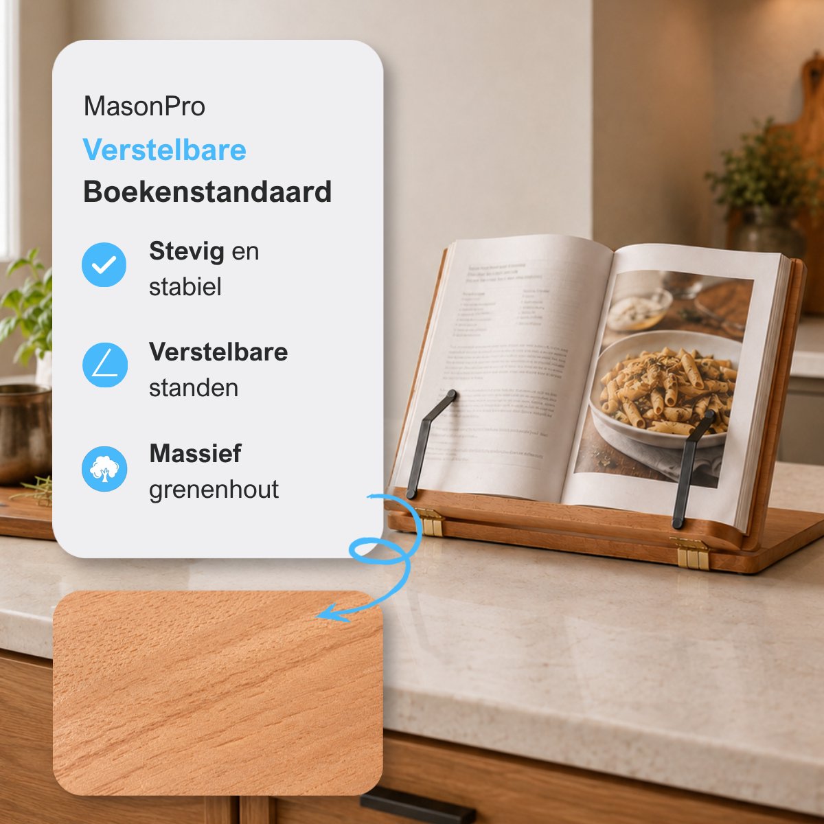 MasonPro Verstelbare Boekenstandaard Hout - Kookboek Standaard - Kookboekhouder - Tablet Standaard - Boeken Houder - Boekhouder - Boekensteun - Leesstandaard - Antislip - 22x29CM — cadeau in Kookcadeaus - foto 2