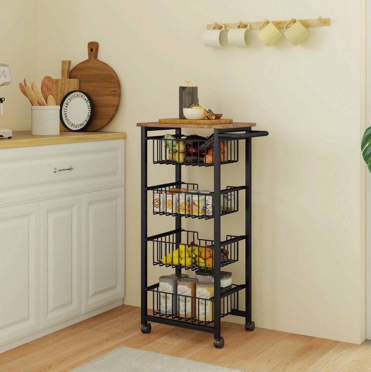 MIVRAY Keukentrolley - 4 Uitneembare Stalen Manden - 49,5 x 31 x 91 cm - Staal en MDF - Zwart Eikenhout - Op Wielen Voor Keuken En Bar
