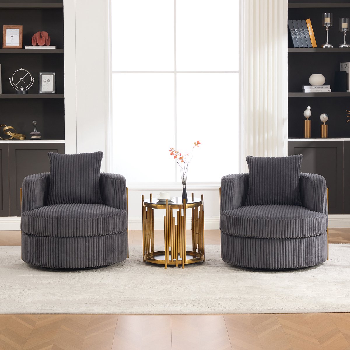 VVBV Fauteuil - Extra Diepe Zit, 360° Draaibaar, Opbergruimte Onder Zitting, Geen Montage Nodig - Grijs, Ribstof