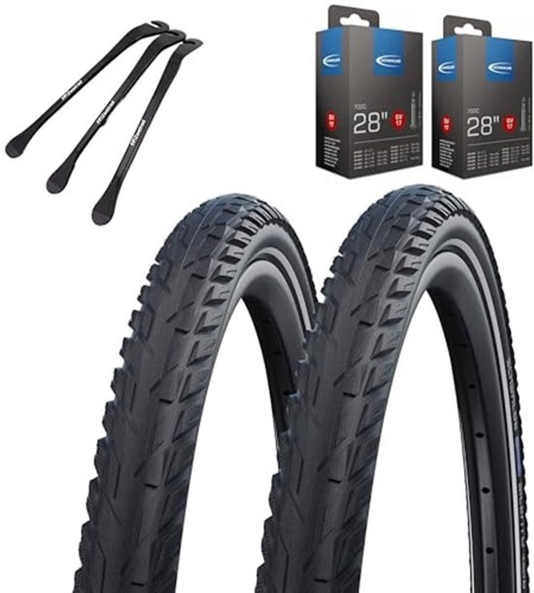 Fietsbanden 28 x 1,60 inch met reflecterende strepen - selectie van binnenbanden en bandenlichter