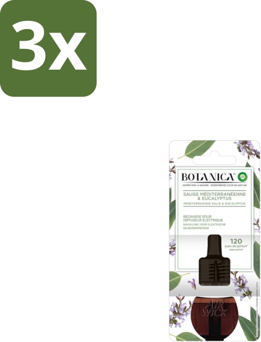 3 x Air Wick – Navulling – Botanica Mediterrane Salie & Eucalyptus – 19 ml - Natuurlijke Geur - Salie En Eucalyptus - Luchtverfrissers - Aromatische Navulling - Essentiële Oliën