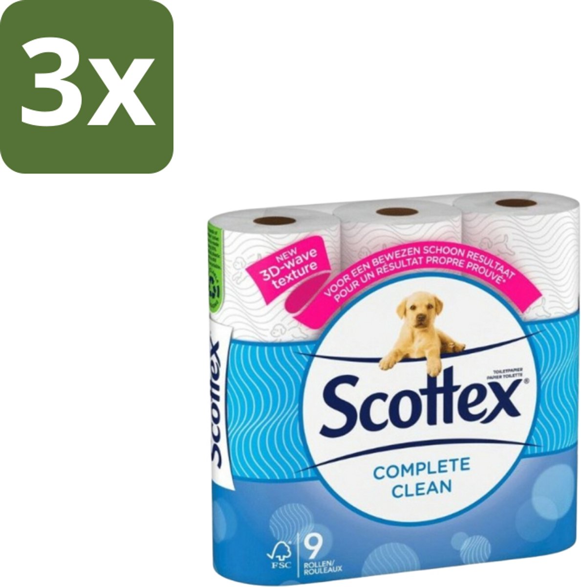3 x Page Scottex – Toiletpapier – Complete Clean 2-laags – 9 rollen - Toiletpapier - Schone Reiniging - 3D Wave™ - Extra Zacht - 2-laags