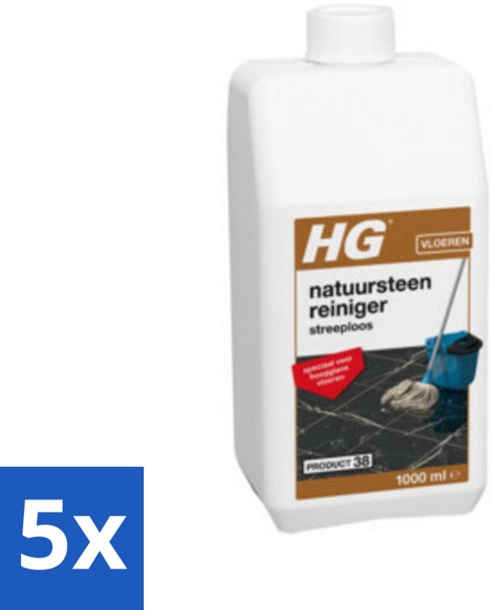 5 x HG - Natuursteenreiniger Streeploos - Voor Hoogglans Vloeren - 20 Dweilbeurten - 1L - Voordeelverpakking - 5 stuks