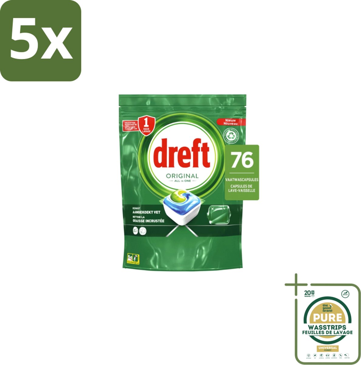 5 x Dreft – Vaatwascapsules – Original All-in-One – 76 Capsules - Grootverpakking - Vaatwassen - Vaatwascapsules - Reinigingscapsule - Vaatwasser - Vetoplossing