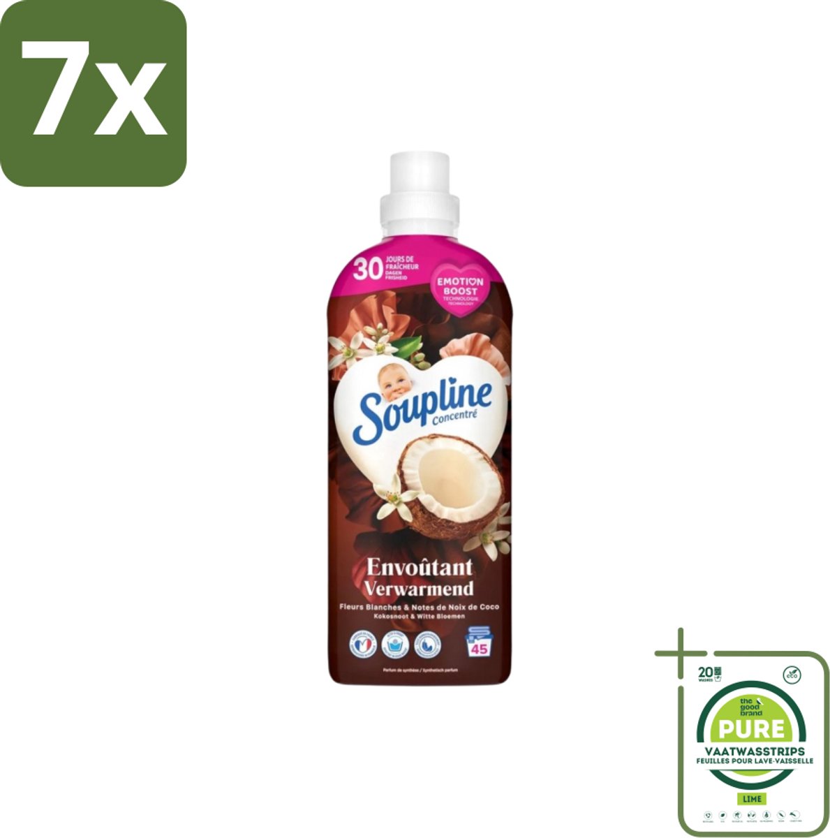7 x Soupline – Wasverzachter – Verwarmende Kokosnoot & Witte Bloemen – 950 ml - Grootverpakking - Wasverzachter - Kokosnoot - Witte Bloemen - Warme Geur - Wasgoed