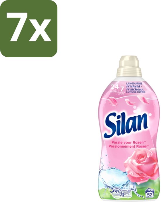 7x Adoucissant Silan, parfum rose. Bouteille avec emballage rose et blanc et illustration de rose.