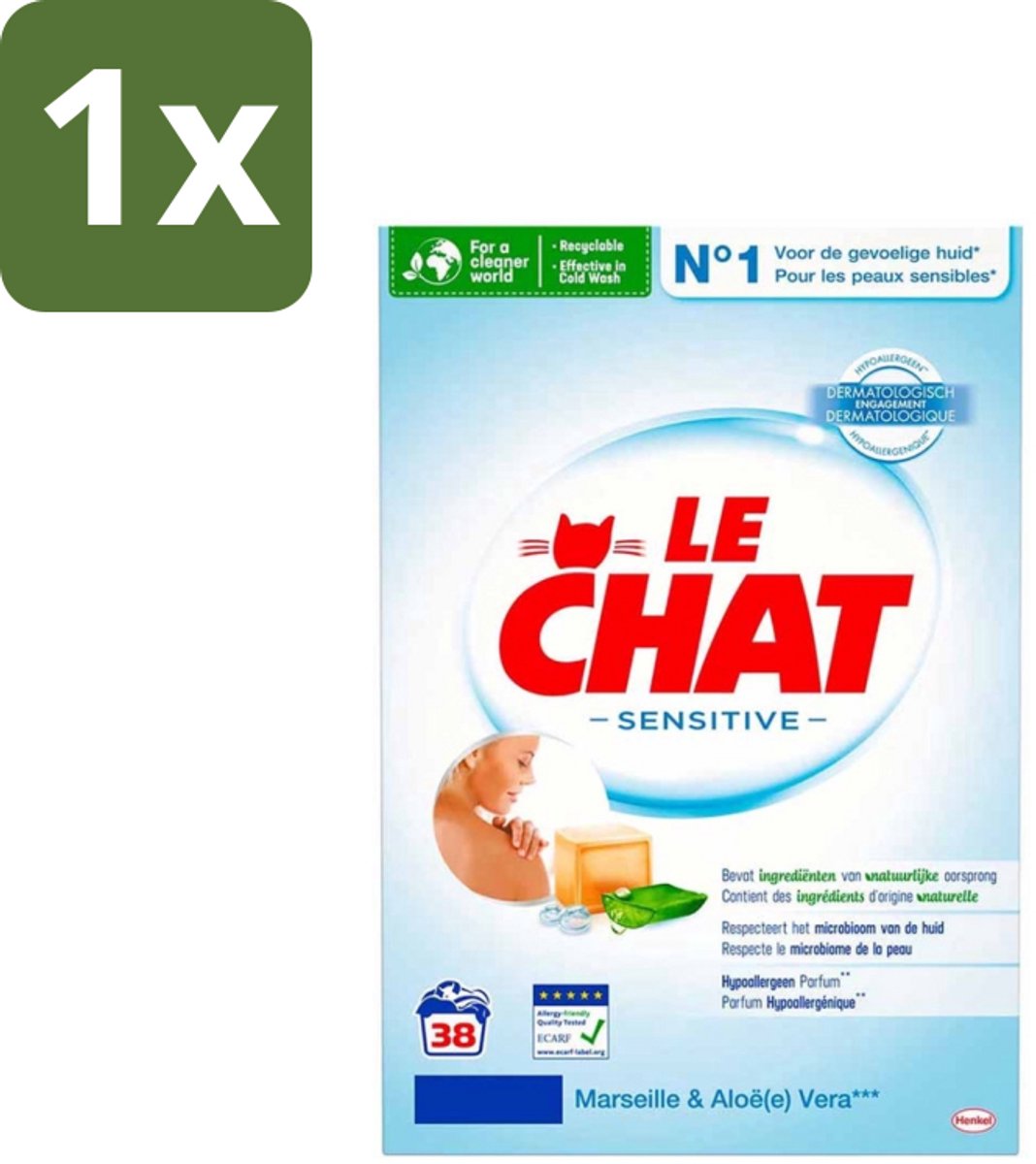 Le Chat – Waspoeder – Sensitive Marseille & Aloe Vera – 38 wasbeurten – 2,28 kg - 1 stuk