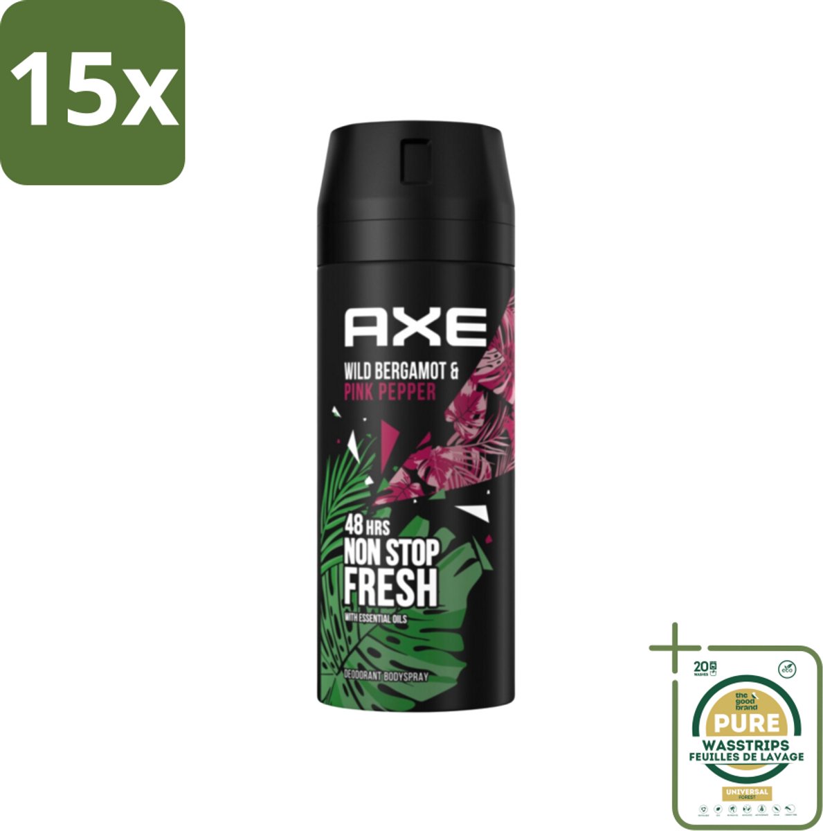 15 x Axe - Deodorant Bodyspray - 48hrs Fresh - Wild Bergamot & Pink Pepper - 150 ml - Grootverpakking - 48 Uur Bescherming - Zweetbestendig - Geurbestendig - Bergamot - Roze Peper