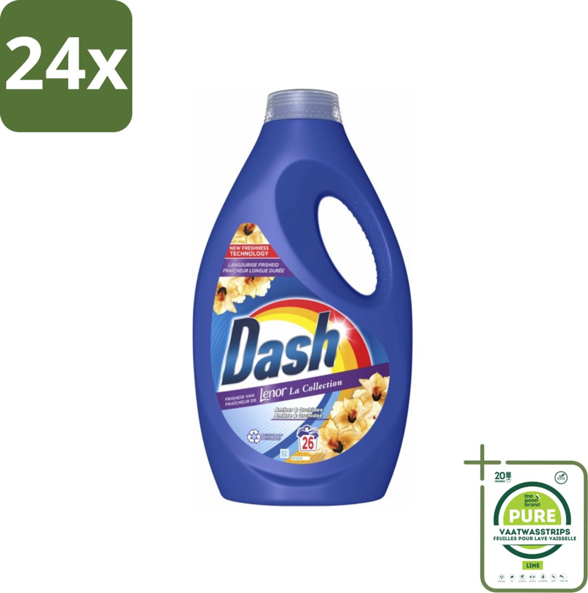 Dash - Lenor Collectie - Vloeibaar Wasmiddel - Witte en Gekleurde Was - Amber & Orchidee - 26 Wasbeurten - Voordeelverpakking - 24 stuks - Wasmiddel - Lenor