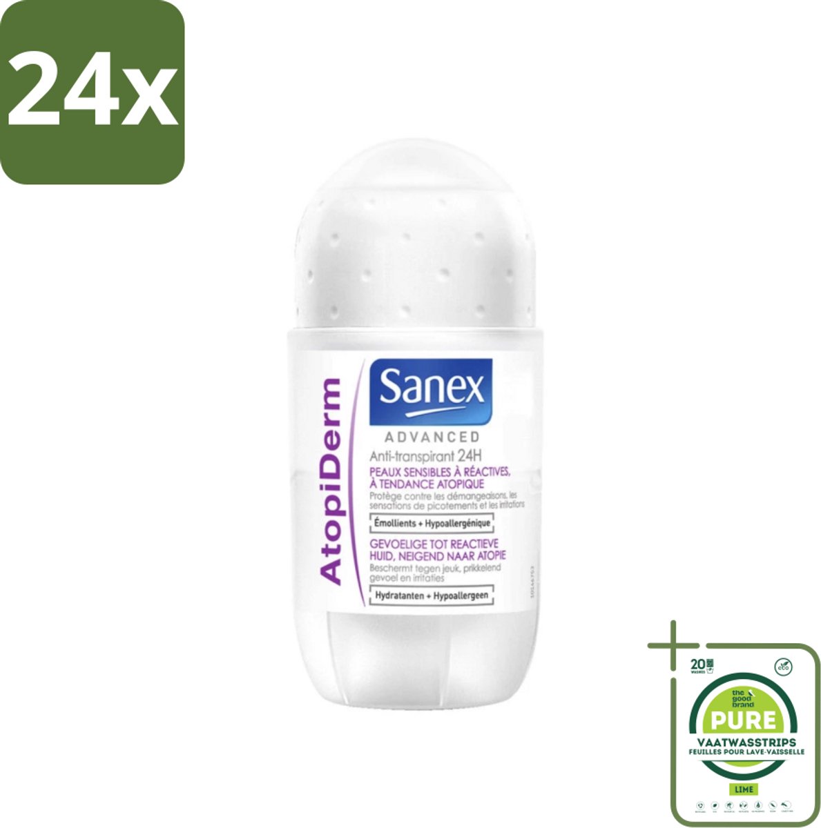 Sanex Advanced - Gevoelig - Deodorant Roller - 24h Anti-Transpirant - Geavanceerd Atopiderm - 50 ml - Voordeelverpakking - 24 stuks - Sanex deodorant - Deodorant gevoelige huid