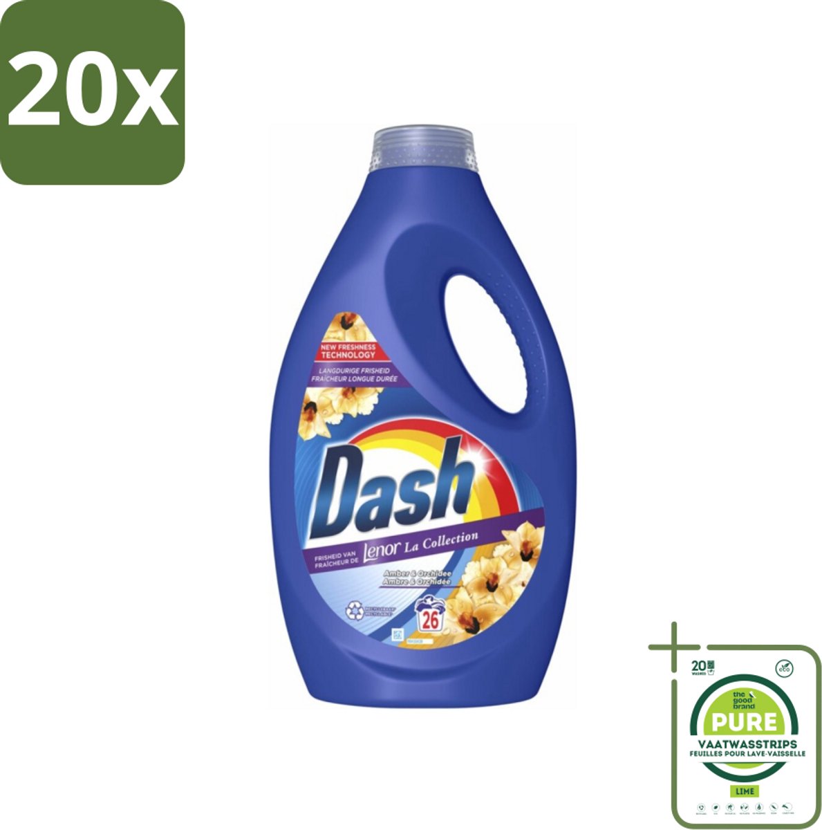 20 x Dash - Lenor Collectie - Vloeibaar Wasmiddel - Witte en Gekleurde Was - Amber & Orchidee - 26 Wasbeurten - Grootverpakking - Wasmiddel - Lenor - Wasverzachter - Vloeibaar Wasmiddel - Amber & Orchidee