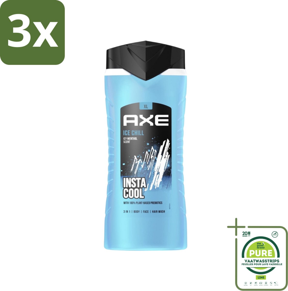 3 x Axe XL - 3-in-1 Douchegel - Ice Chill - Icy Menthol - Insta Cool - 400 ml - Grootverpakking - Douchegel - Axe - Ice Chill - Bevroren Munt - Citroen