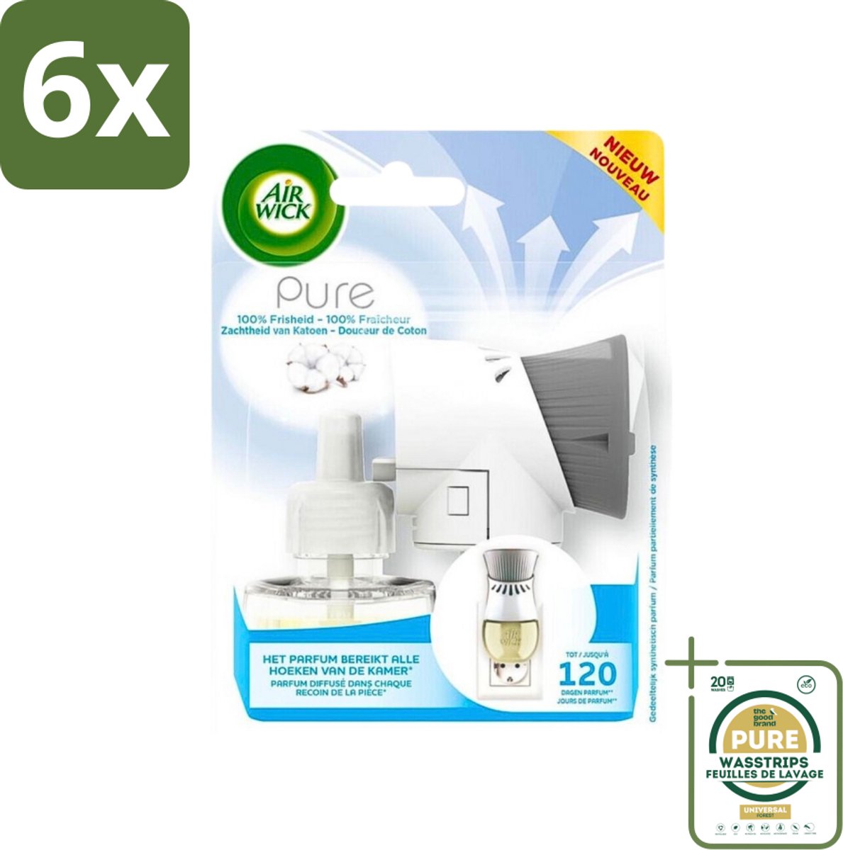 Air Wick Elektrische Geurverspreider - Starterkit - Pure Zachtheid van Katoen - 19ml - Voordeelverpakking - 6 stuks - Luchtverfrisser - Geurverspreider starterkit