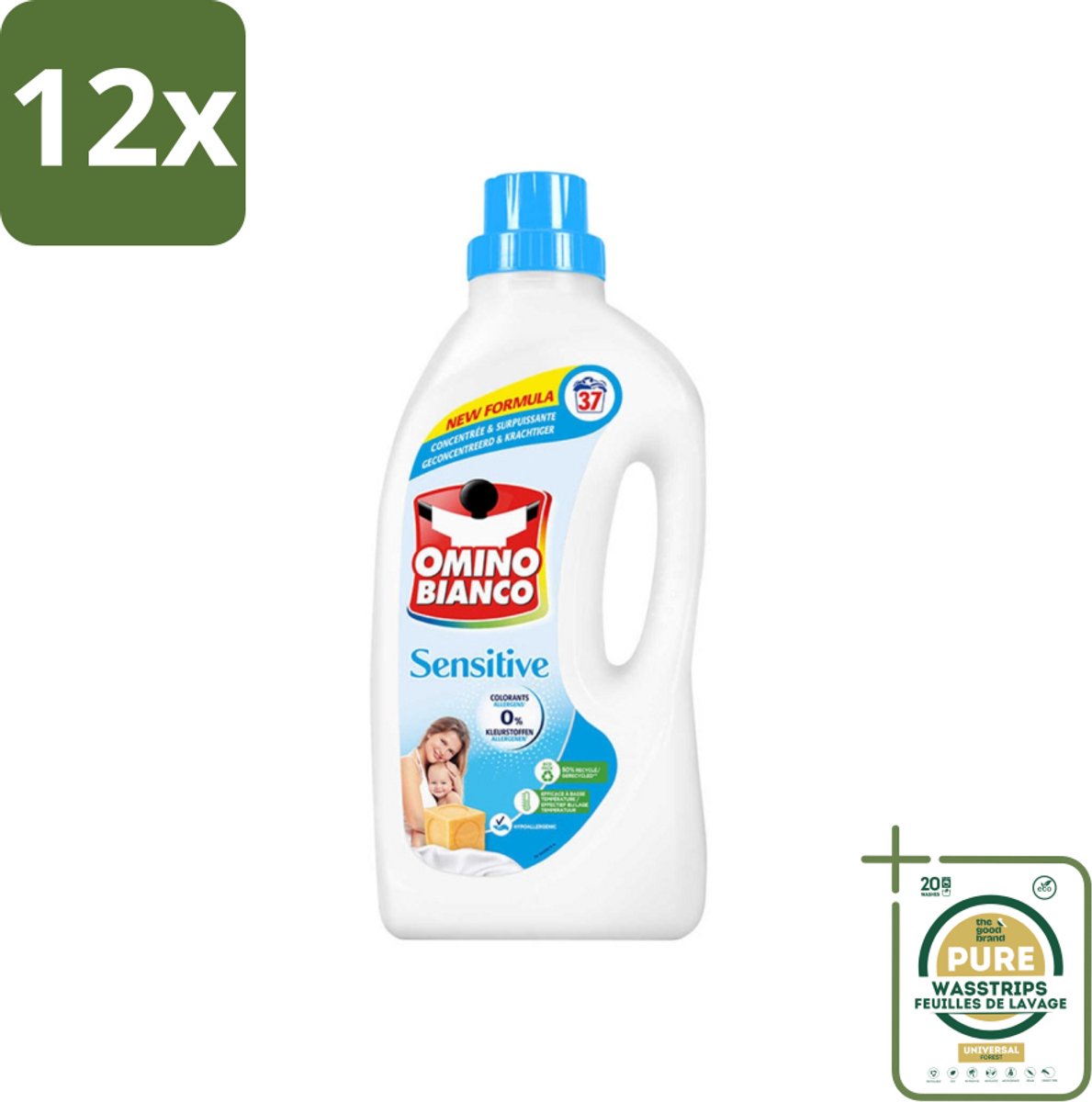 Omino Bianco - Gevoelig - Wasmiddel - Witte & Gekleurde Was - 37 Wasbeurten - Voordeelverpakking - 12 stuks - Hypoallergeen - Zonder allergenen