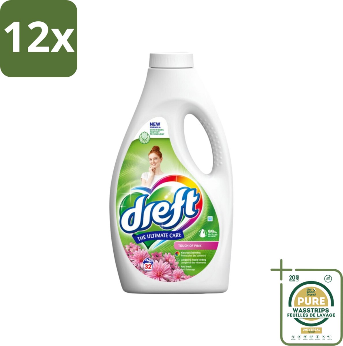 Dreft Vloeibaar Wasmiddel Touch of Pink 32 Wasbeurten 1,4 liter - Voordeelverpakking - 12 stuks - Gekleurde was - Wasverzachter