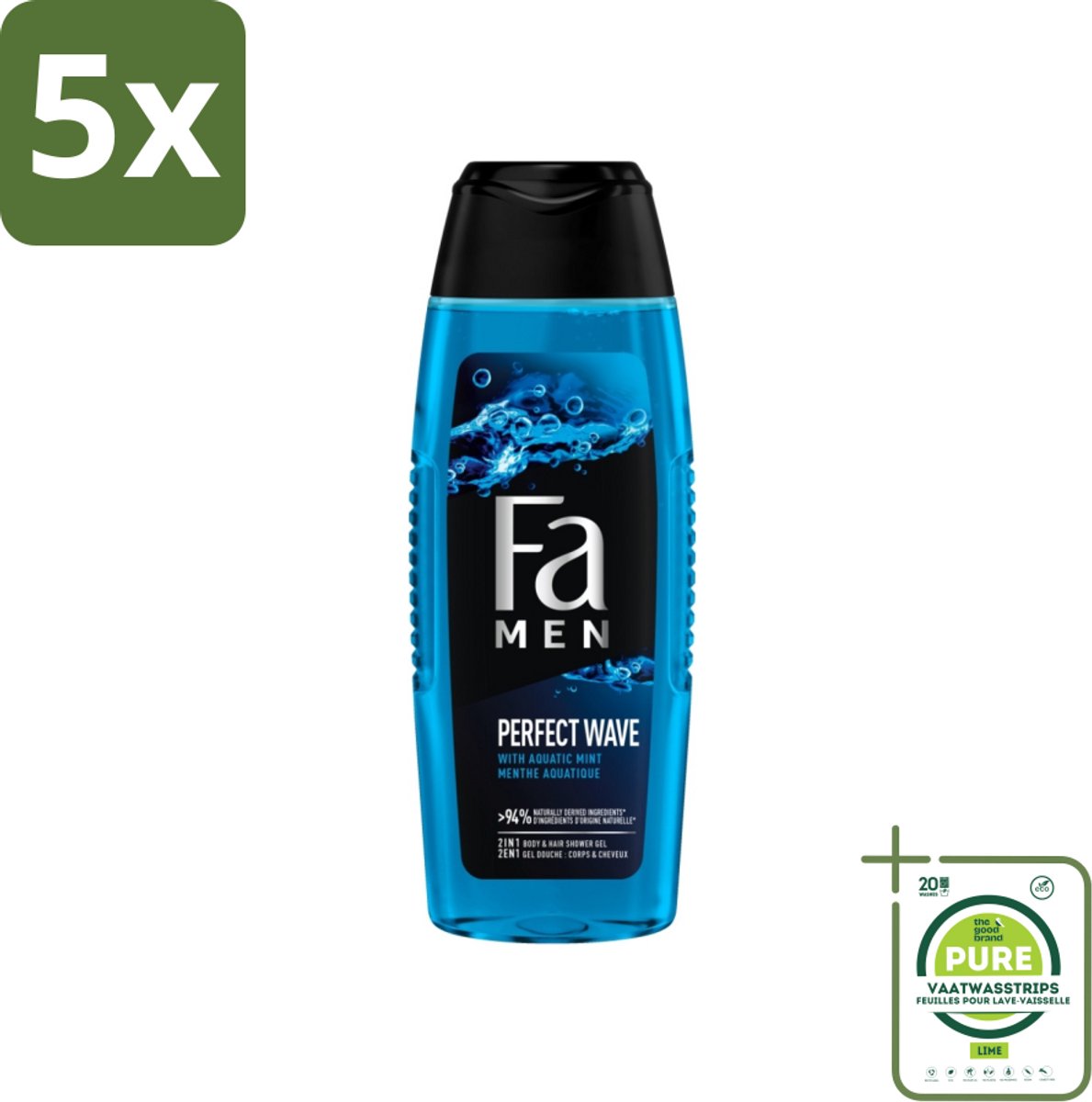 5 x Fa Men - Perfect Wave - 2 in 1 Douchegel & Shampoo - Menthol - 250 ml - Grootverpakking - Douchegel - Shampoo - Mannen - 2 In 1 - Menthol