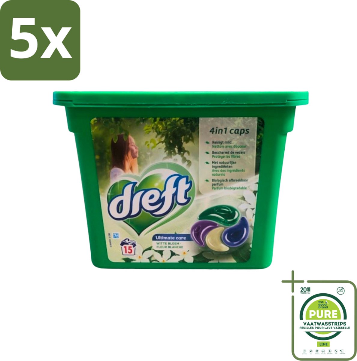 5 x Dreft - Wasmiddelcapsules 4in1 - Witte en Gekleurde Was - Witte Bloem - 15 Wasbeurten - Grootverpakking - Wasmiddelcapsules - Wasmiddel - Waspoeder - Wasverzachter - Witte Was