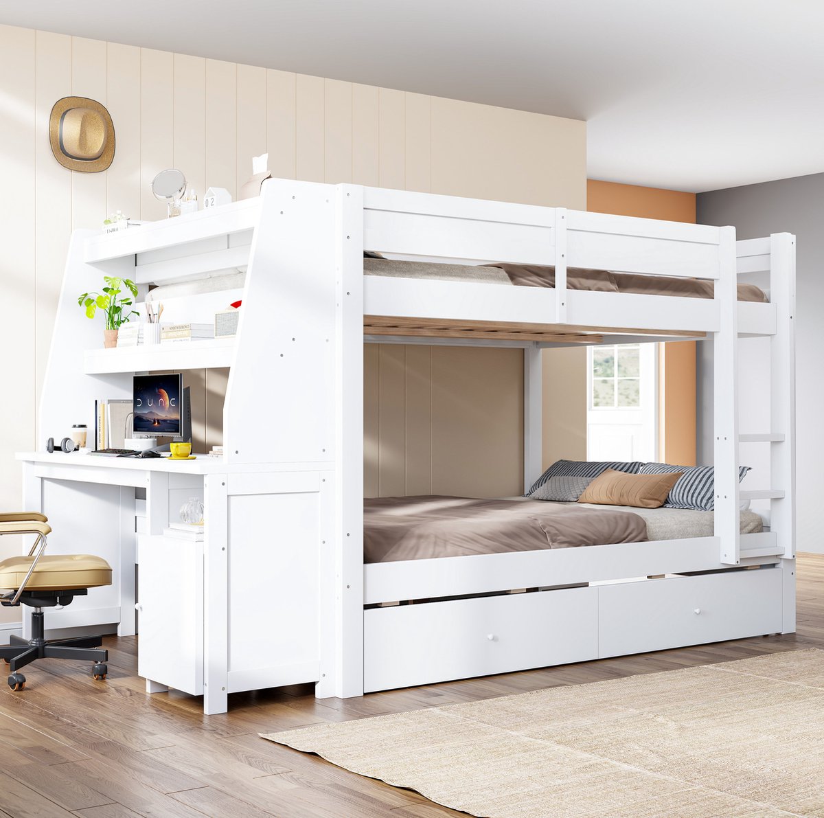 COVREO Stapelbed 140x200 cm wit hout, met bureau en opbergruimte