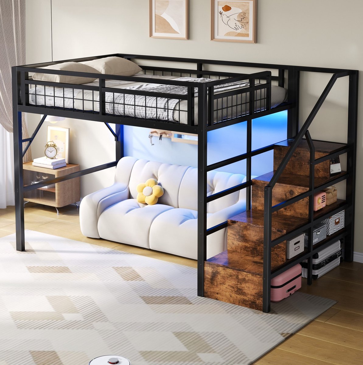 COVREO Hoogslaper 140 x 200 cm zwart metaal MDF, met LED en opbergtreden