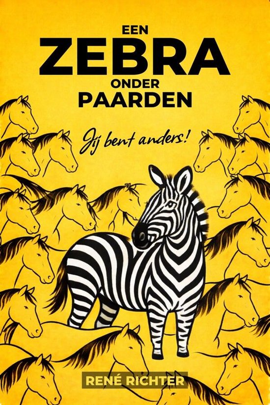 Livre 'Un zèbre parmi les chevaux'. Un zèbre rayé noir et blanc se tient parmi des chevaux jaunes. "Tu es différent !"