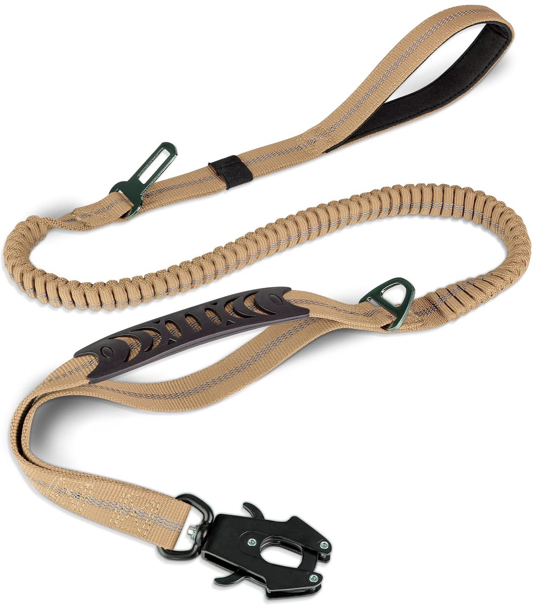 Famanu – Tactische hondenriem, extra sterk, 1,2-1,8 m schokabsorberende bungee-lijn, 2 gevoerde handgrepen, metalen karabijnhaak, autogordel, voor middel- tot extra grote honden