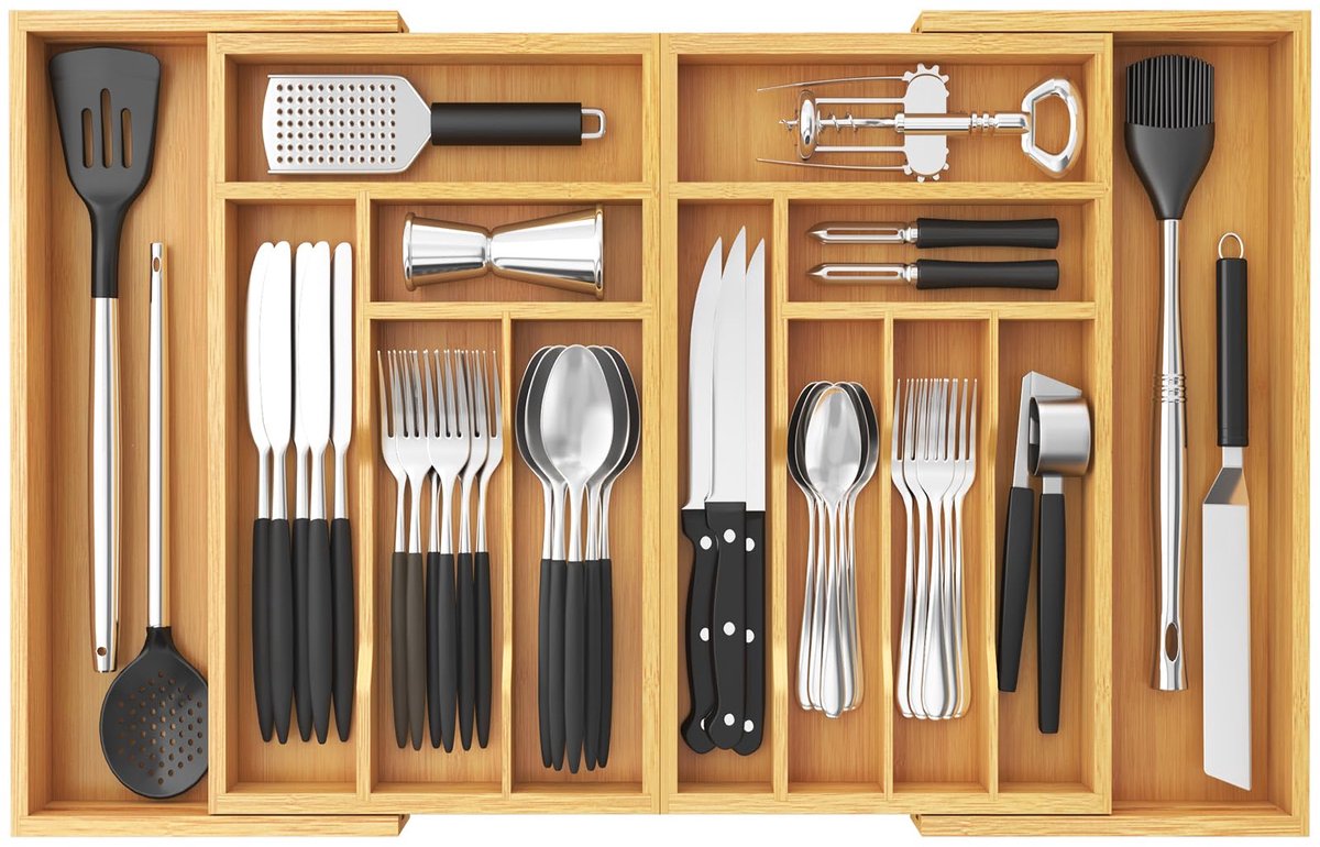 Famanu – Bamboe bestekbak voor lades, verstelbare besteklade organizer van 54,4-91,4 cm breed, diepte 40 cm, voor lepels, vorken en messen