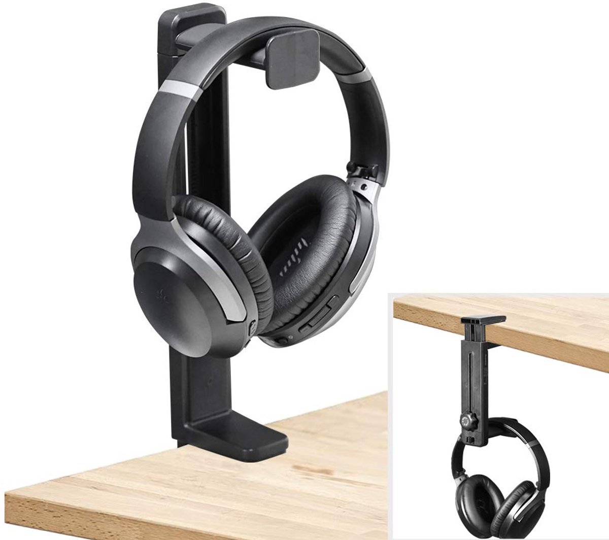 Famanu – Hoofdtelefoonstandaard en hanger 2 in 1, boven en onder bureau gaming headset houderbevestiging haak met in hoogte verstelbare en roterende klem, oortelefoonrek met kabelclip