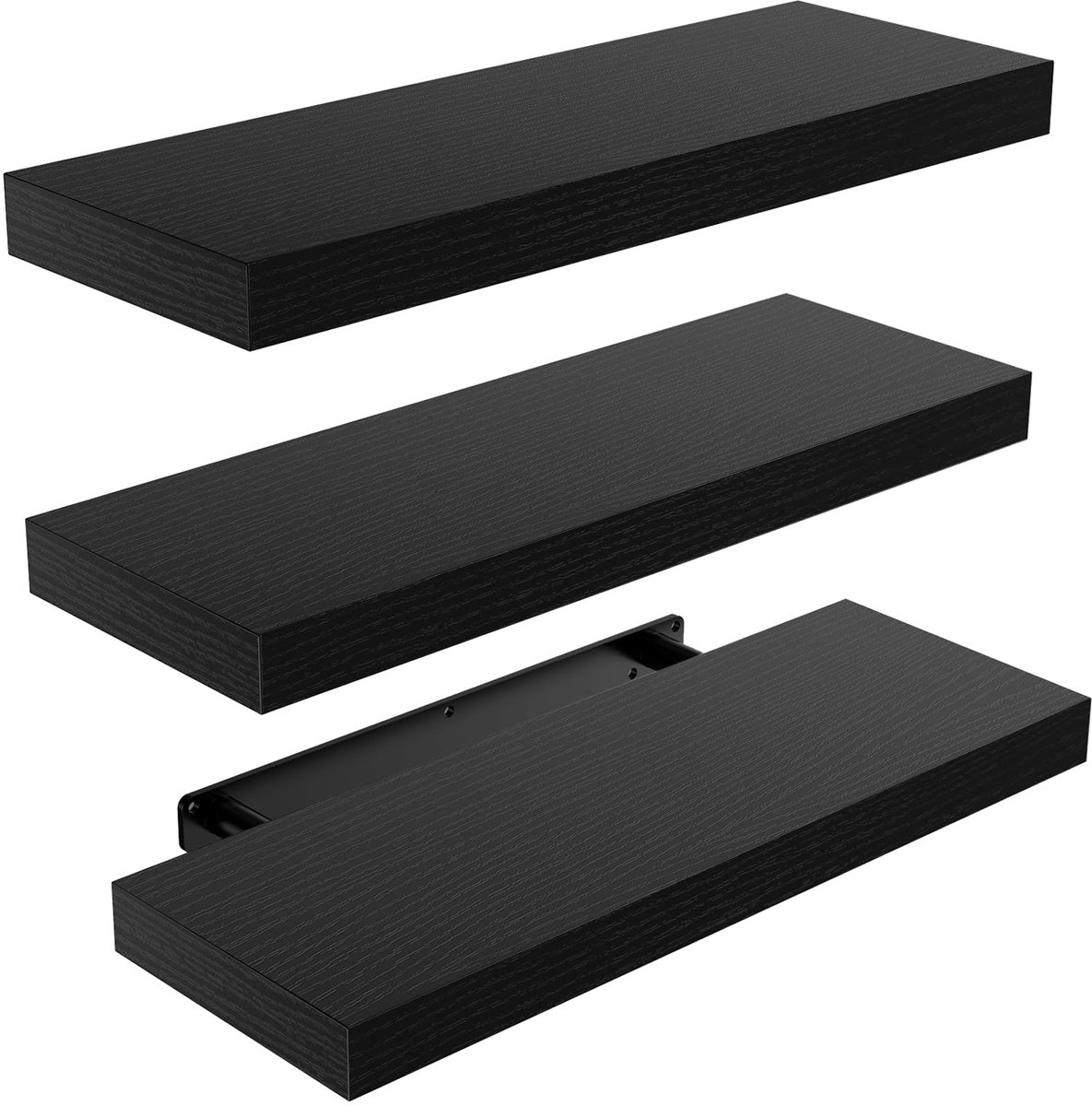 Famanu Zwevende planken in zwart, wandplanken met onzichtbare beugels voor slaapkamer, badkamer, woonkamer en keuken, set van 3