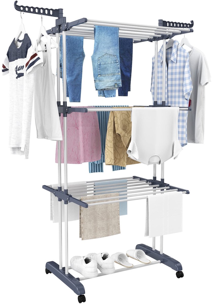 Famanu – Opvouwbaar verticaal wasrek van 172 cm met 4 niveaus, uittrekbare vleugels en wielen, stabiel en winddicht voor binnen en buiten, ideaal als garderobe