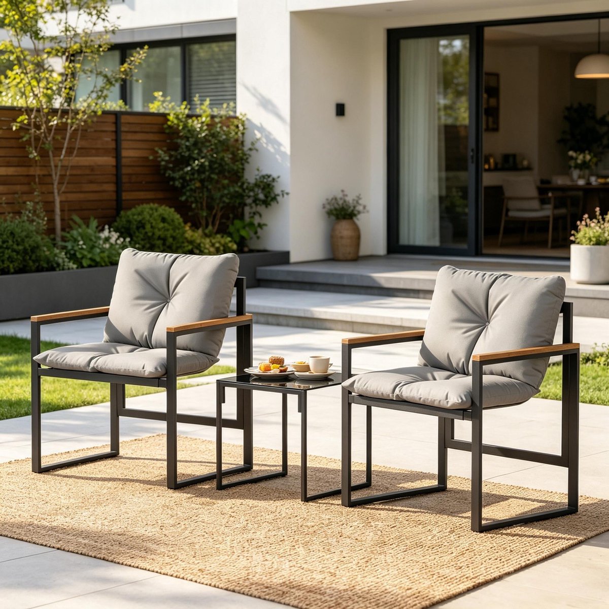 MIVRAY Loungeset Voor 2 Personen - Tuinstoelen Met Tafel En Kussens - Voor Balkon, Terras En Tuin - Metaal, Textileen En Glas - Zwart Grijs
