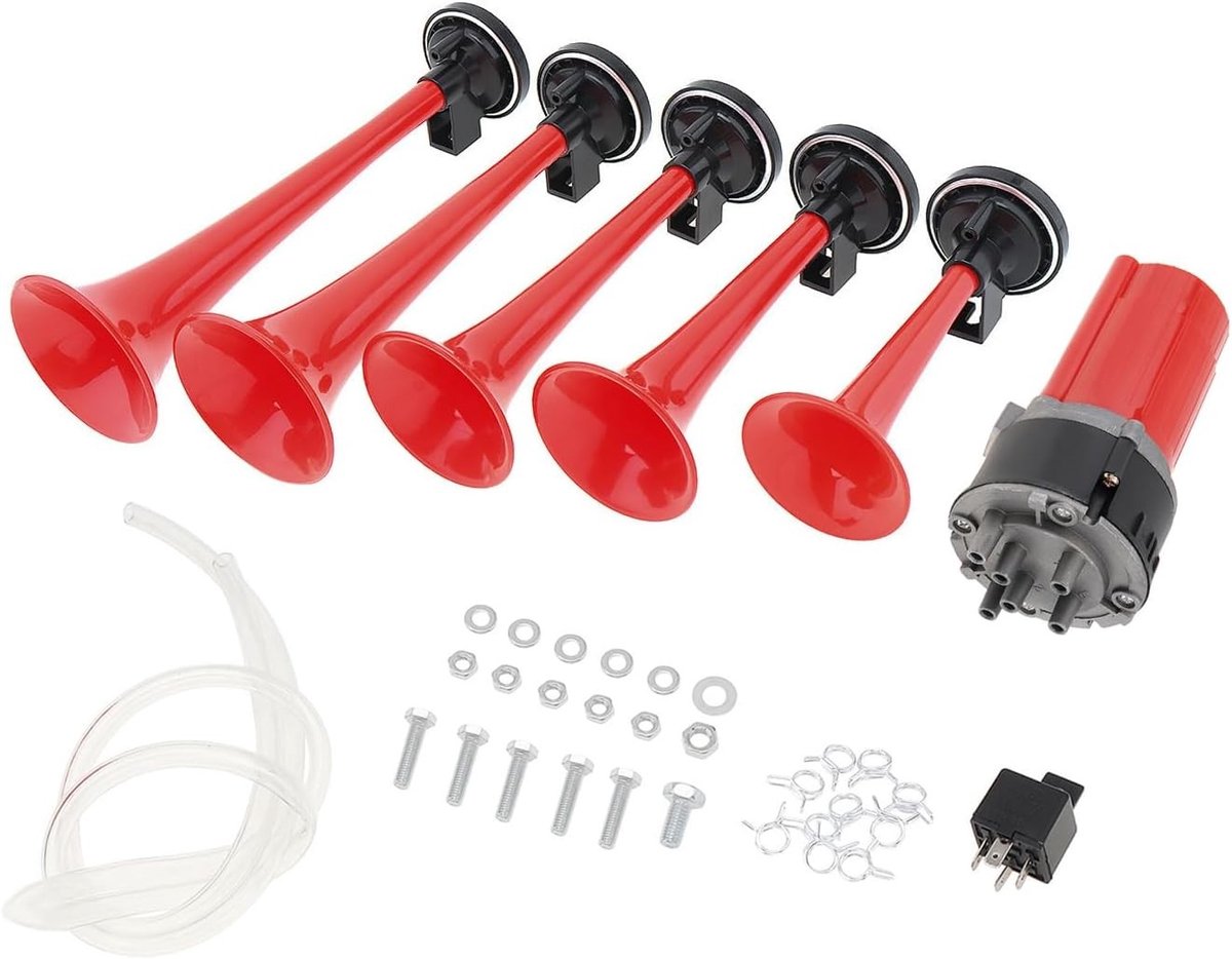 Luchthoorn - Rood - Set van 5 trompetten met compressor - ABS Kunststof - Voor Auto, Truck, Boot en Bus