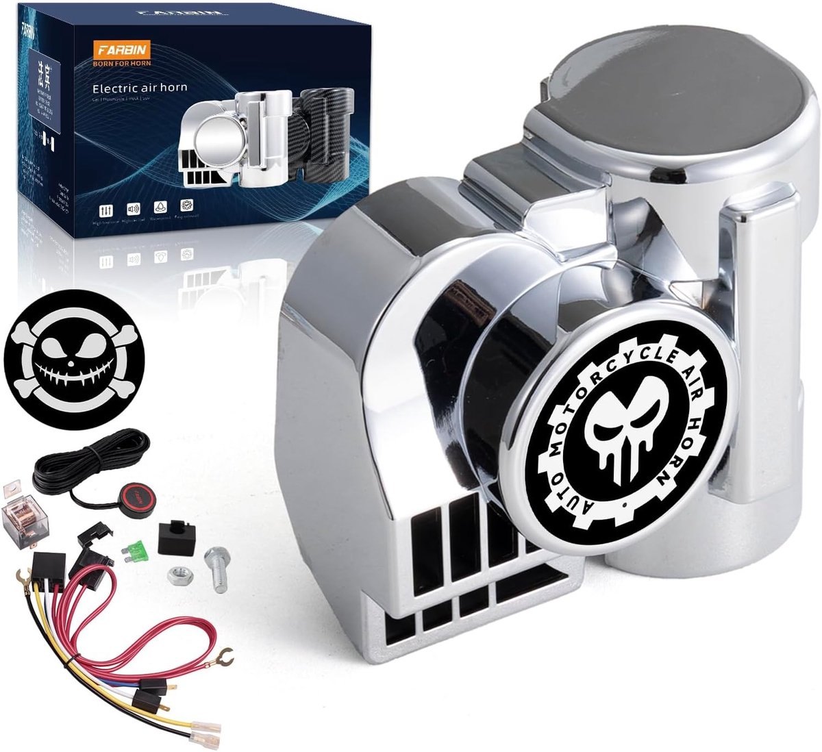 Luchthoorn - Zilver - 12 V - Luchthoorn set met drukknop en kabelboom - Voor motorfiets en auto