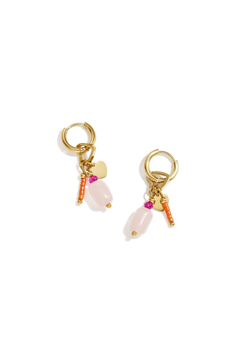 Lumé - Oorbellen - Hart & Kralen - Stainless Steel - - Roze