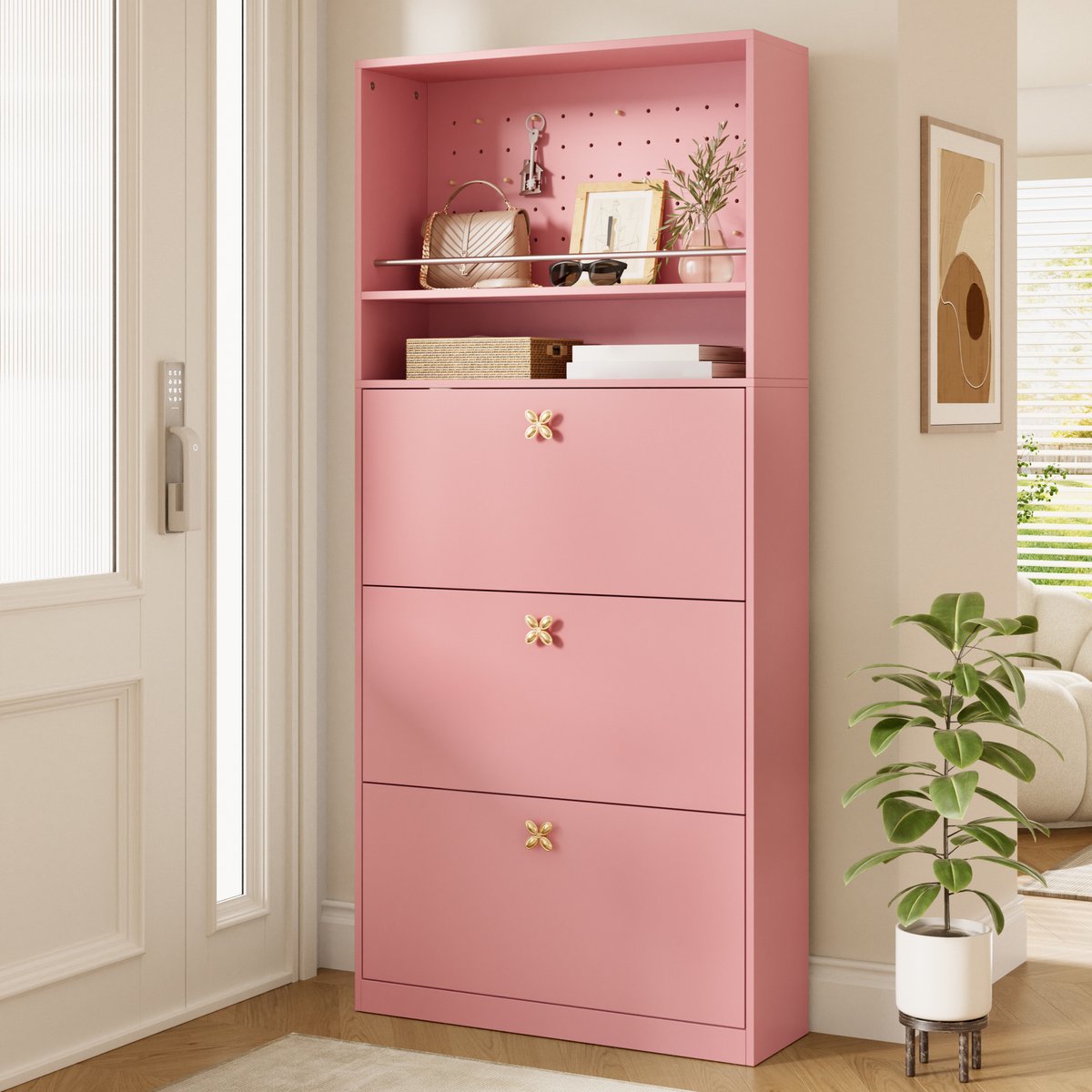 OKWISH Schoenenkast – Smal Modern Design – 3 Klapvakken en 2 Open Opbergvakken – Voor Hal en Entree – Spaanplaat Roze – 80 x 24 x 178,5 cm