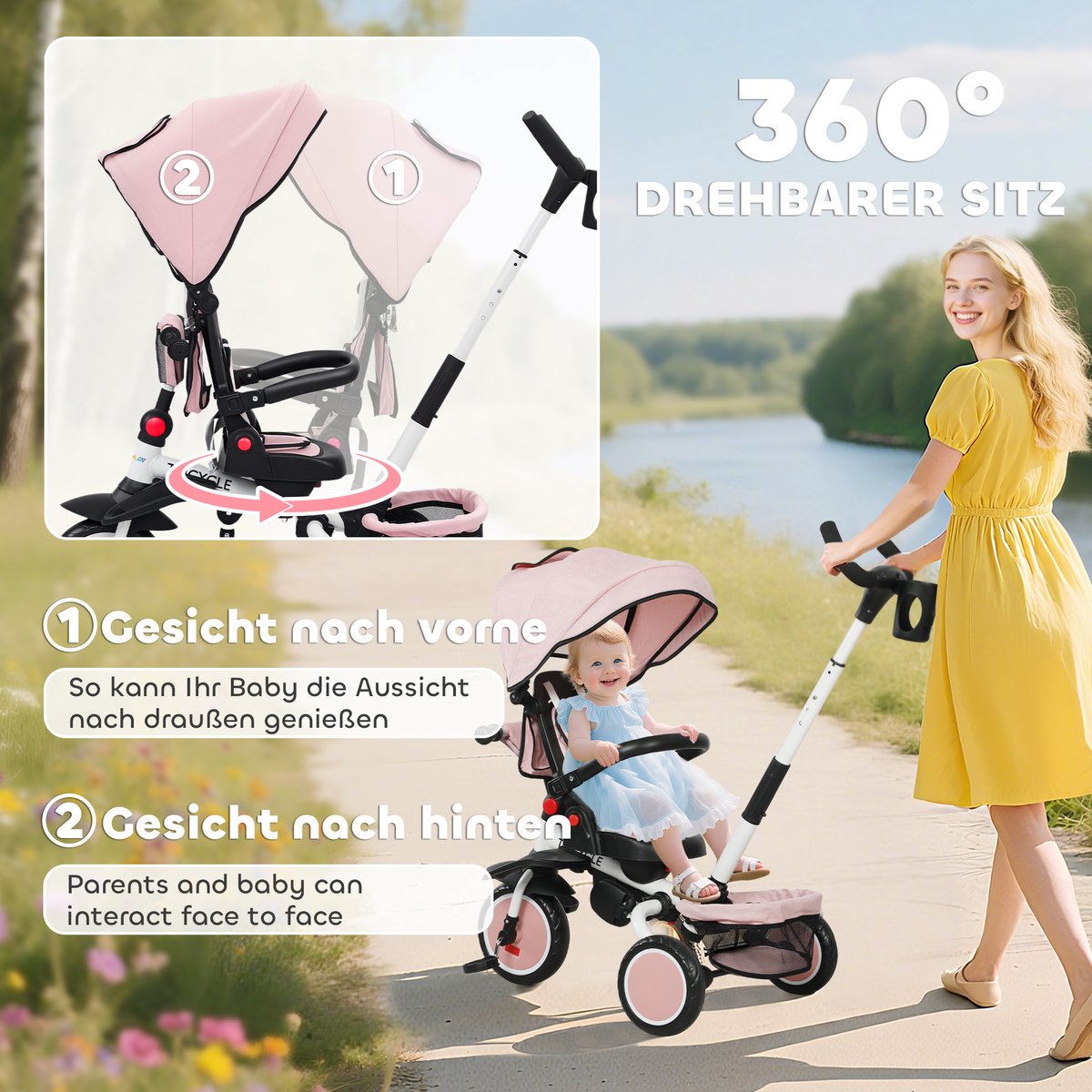 ECTEATOY® 6-in-1 Driewieler met Duwstang - Meegroei Kinderwagen & Buggy - Kan 360° draaien - Verstelbaar & Draaibaar Zitje - Opvouwbaar - Roze