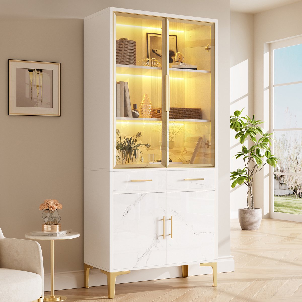 OKWISH Vitrinekast - LED Verlichting Met App - 2 Deuren En 2 Laden - Witte Hoogglans Marmorlook Met Gouden Accenten - 75 X 38 X 170 Cm