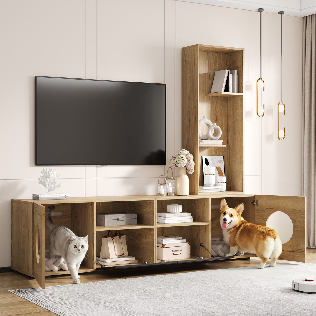OKWISH Tv Meubel Met Kattenruimte Opbergkast Met Open Vakken En Deuren Hoog Rek Hout Zwart Voor Woonkamer En Werkruimte 185 X 40 X 162 Cm