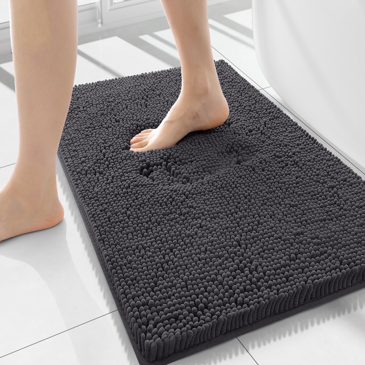 Olanly Badmat Antislip – Chenille Douchemat – Badmat Badkamer – Donkergrijs – 51X150cm