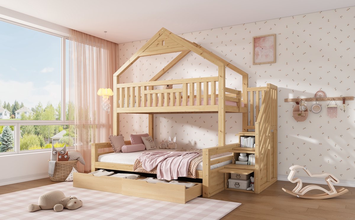 STILVORA Kinder Stapelbed 90x200 Cm En 140x200 Cm Met Trap En Lades Huisbed Met Giebeldak Voor Kinderkamer Eikenkleur Zonder Matras