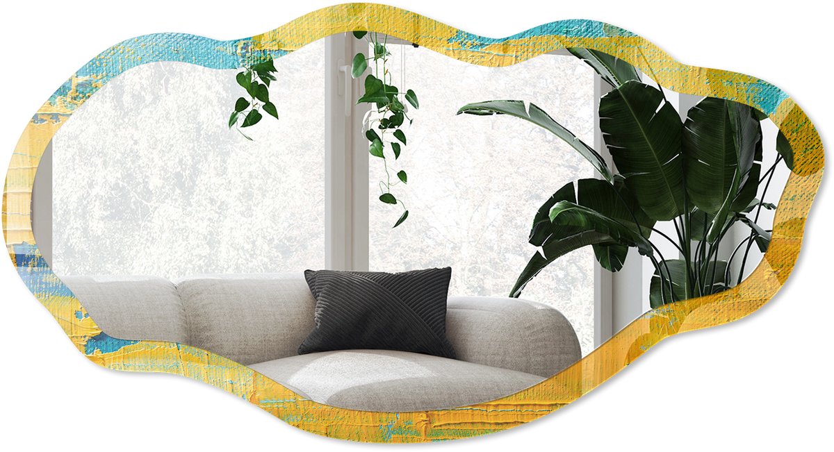 Wallfluent Kleurimpuls Spiegel - Geel Strakke Rechthoekige Spiegel - Organische Spiegel - Woonkamer, Kantoor, Hal - Abstract - 45x90 cm - Totale afmeting 52x97 cm