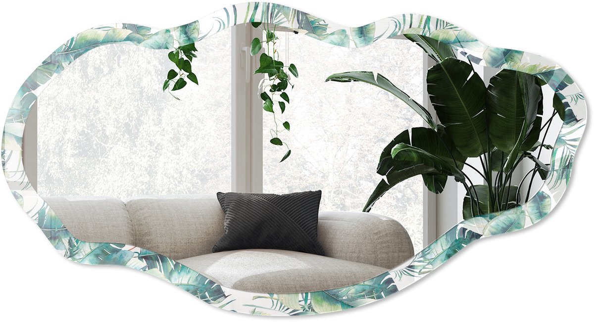 Wallfluent Tropische Bladeren Spiegel - Groen Strakke Rechthoekige Spiegel - Organische Spiegel - Woonkamer - Modern - 45x90 cm - Totale afmeting 52x97 cm
