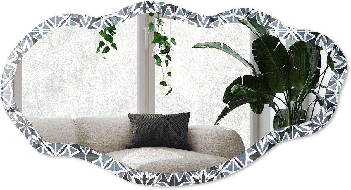 Wallfluent Geometrische Bloemen Spiegel - Marine Rechthoekige Spiegel Met Modern Design - Organische Spiegel - Badkamer, Hal, Woonkamer - Geometrisch - 45x90 cm - Totale afmeting 52x97 cm