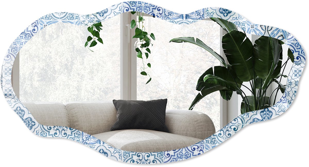 Wallfluent Blauwe Tegels Spiegel - Blauw Strakke Rechthoekige Spiegel - Organische Spiegel - Badkamer, Keuken, Hal - Geometrisch - 45x90 cm - Totale afmeting 52x97 cm