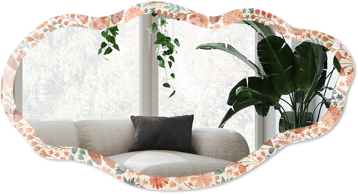 Wallfluent Bloemenpatroon Spiegel - Oranje Elegante Rechthoekige Wandspiegel - Organische Spiegel - Slaapkamer, Woonkamer, Kledingkast - Vintage - 45x90 cm - Totale afmeting 52x97 cm