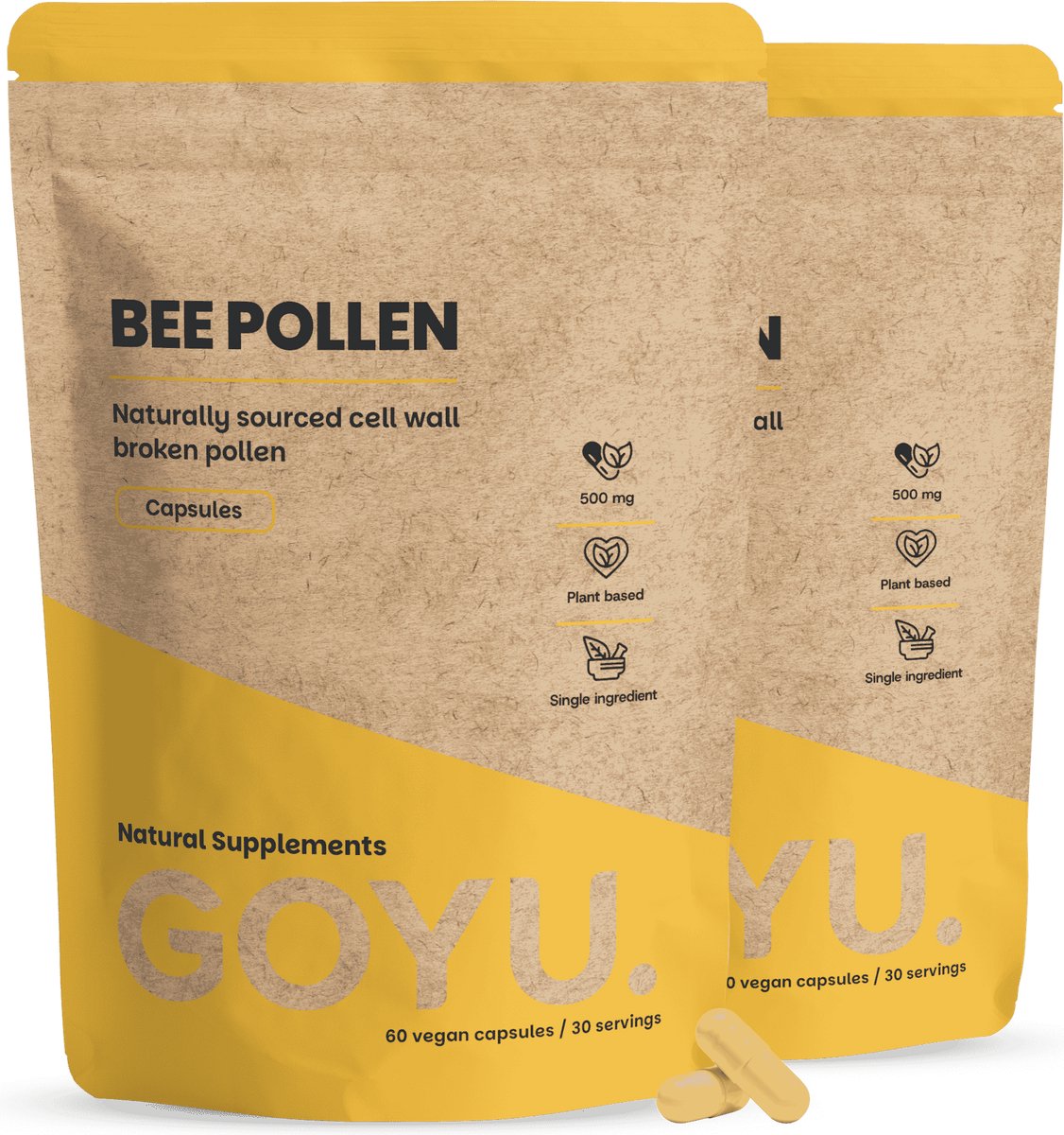 GOYU Bijenpollen extract 1000 mg per dagdosering Combideal 2x 60 Capsules - Stuifmeelkorrels - bee pollen - bijen pollen - Vegan - Zonder toevoegingen - Celwand gebroken - Lab getest - 20 dagen voorraad per zakje
