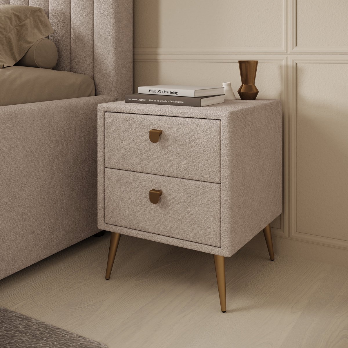 MEUBELLA Bavira - Nachtkastje met lades - Stof beige - 41x41x54 cm