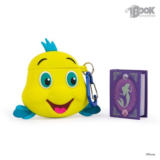 Gele Flounder (Disney's De Kleine Zeemeermin) hoesje met blauwe vinnen en kam. Naast een paars miniboekje met Ariel-silhouet.