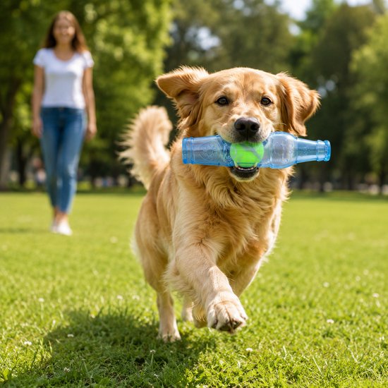 Golden retriever met een blauwe fles en bal in zijn bek, rent op gras.